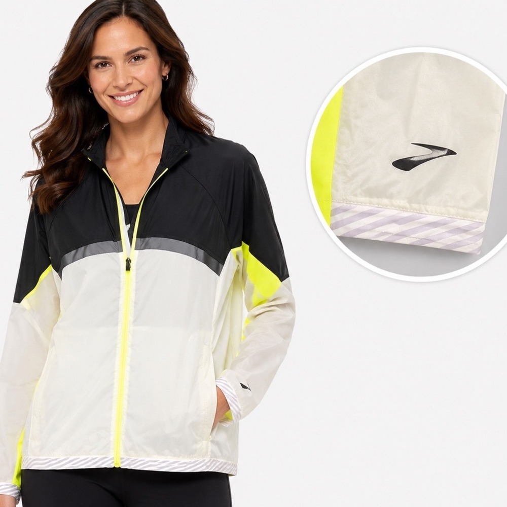 Brooks Canopy Running Jacket Womens Large Black White Neon Yellow Windbreaker